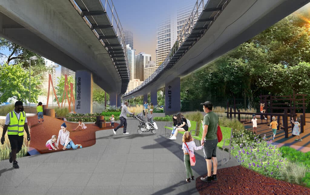 This rendering of The Underline Phase 2 shows a father and daughter holding hands in the middle of the linear park.