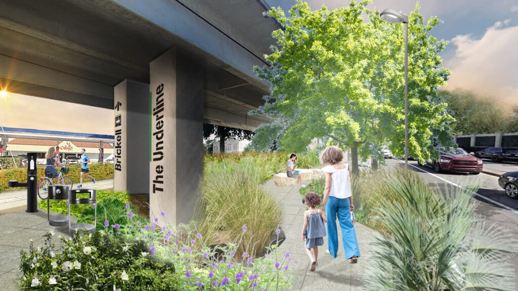 This rendering of The Underline Phase 2 shows a mother and child on a walking path in the park.