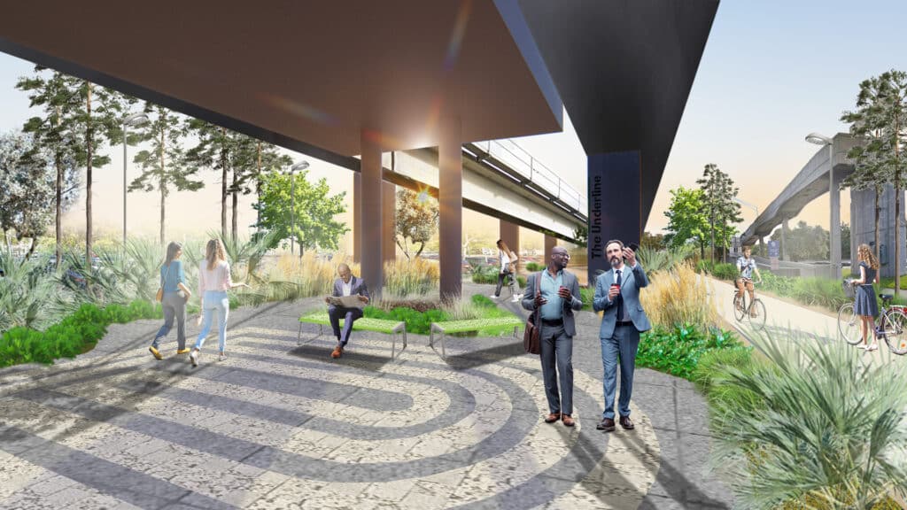 This rendering of The Underline Phase 2 shows two men walking in the park.